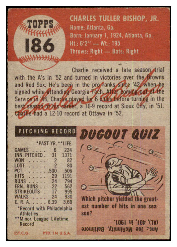 1953 Topps Baseball #186 Charlie Bishop A's EX 480566