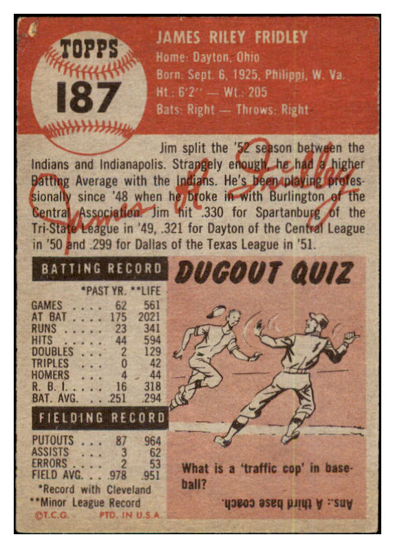 1953 Topps Baseball #187 Jim Fridley Indians EX 480567