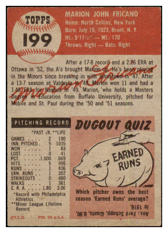 1953 Topps Baseball #199 Marion Fricano A's EX 480569