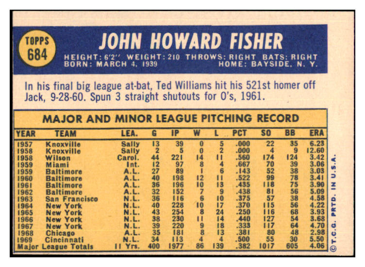 1970 Topps Baseball #684 Jack Fisher Angels VG-EX 480860