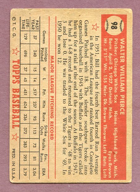 1952 Topps Baseball #098 Billy Pierce White Sox VG 483193