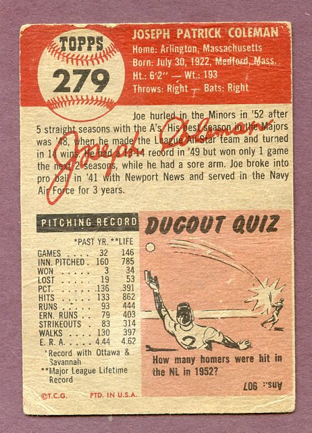 1953 Topps Baseball #279 Joe Coleman A's Good 483240