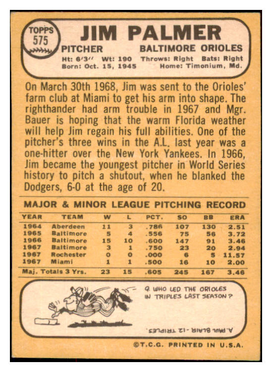 1968 Topps Baseball #575 Jim Palmer Orioles EX 484950