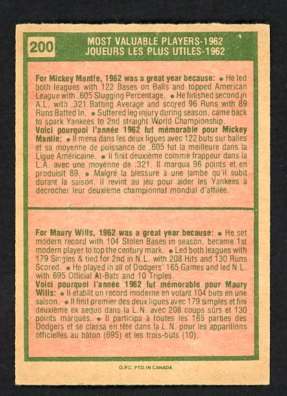 1975 O Pee Chee #200 Mickey Mantle Maury Wills EX-MT 485276