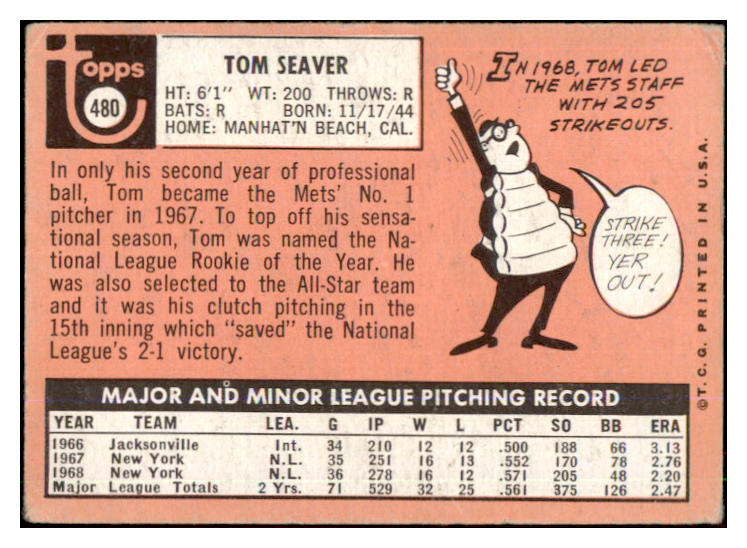 1969 Topps Baseball #480 Tom Seaver Mets VG 485451