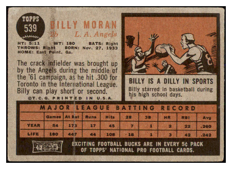 1962 Topps Baseball #539 Billy Moran Angels VG 485832