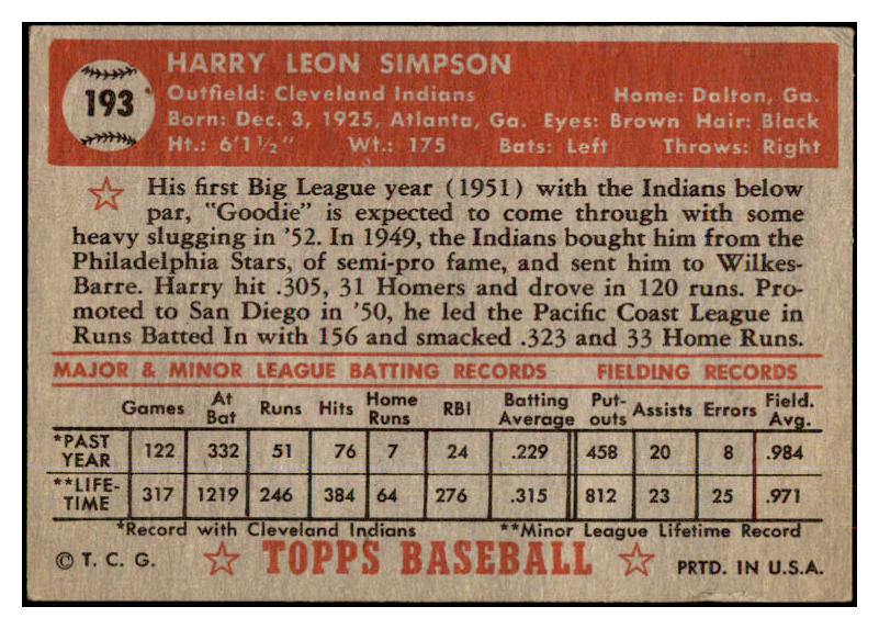 1952 Topps Baseball #193 Harry Simpson Indians VG-EX 486204