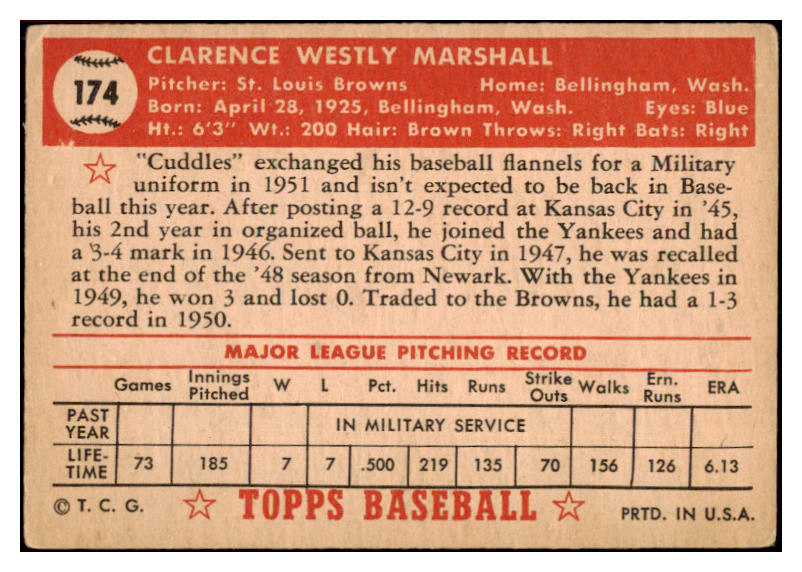 1952 Topps Baseball #174 Clarence Marshall Browns VG-EX 486390