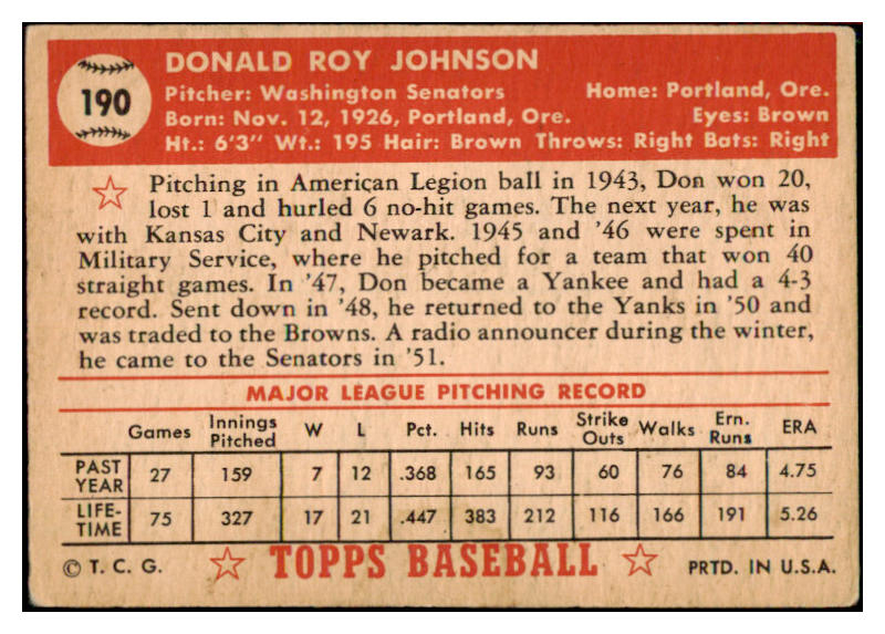 1952 Topps Baseball #190 Don Johnson Senators VG-EX 486400