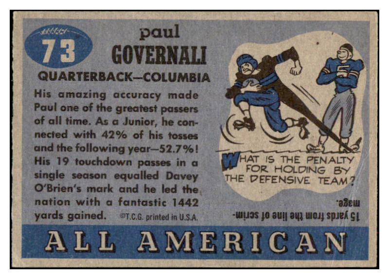 1955 Topps Football #073 Paul Governali Columbia VG 486584
