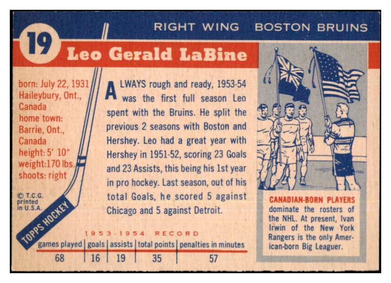 1954 Topps Hockey #019 Leo Labine Bruins EX-MT 486652
