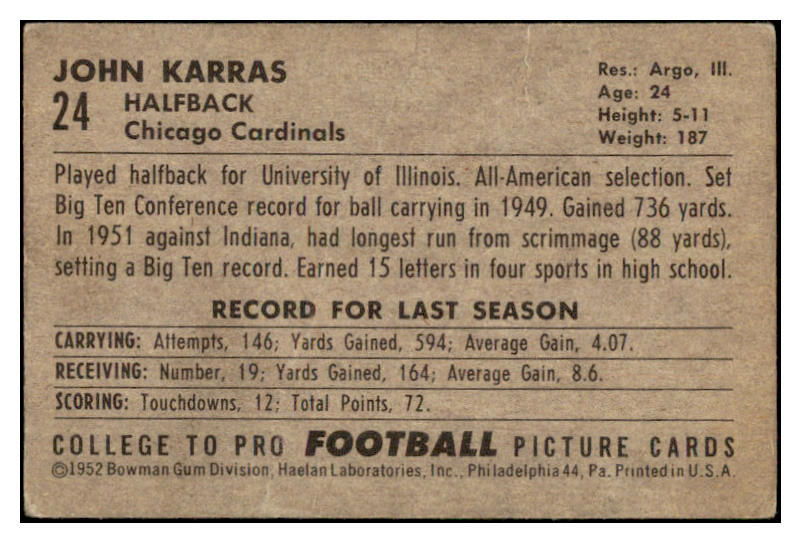 1952 Bowman Large Football #024 John Karras Cardinals VG 486731