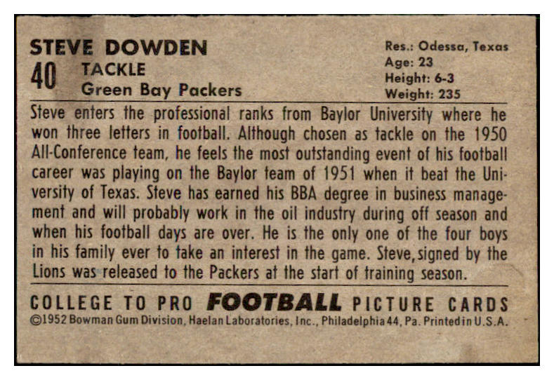 1952 Bowman Large Football #040 Steve Dowden Packers EX-MT 486748