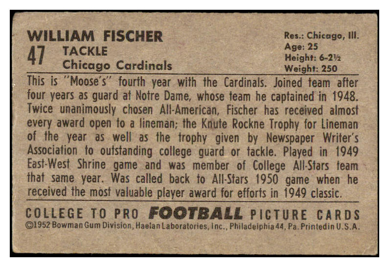 1952 Bowman Large Football #047 William Fischer Cardinals VG-EX 486754
