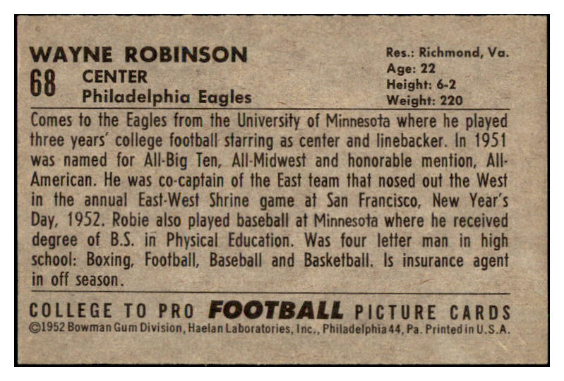 1952 Bowman Large Football #068 Wayne Robinson Eagles EX 486769
