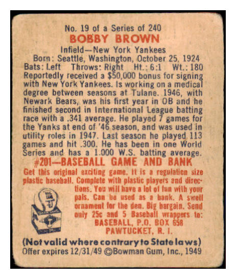1949 Bowman Baseball #019 Bobby Brown Yankees VG-EX 487313