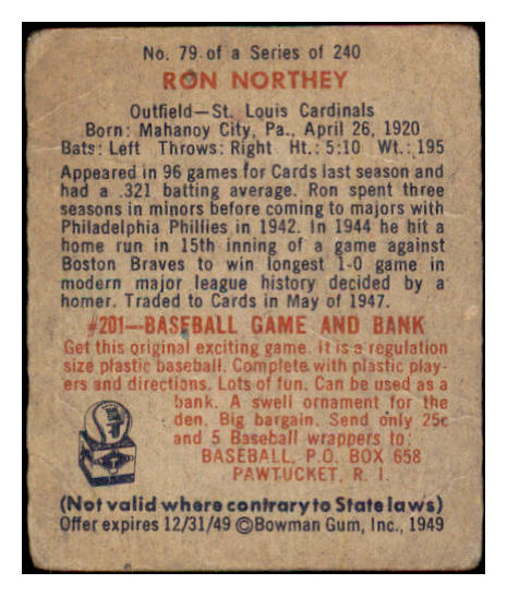 1949 Bowman Baseball #079 Ron Northey Cardinals FR-GD 487418