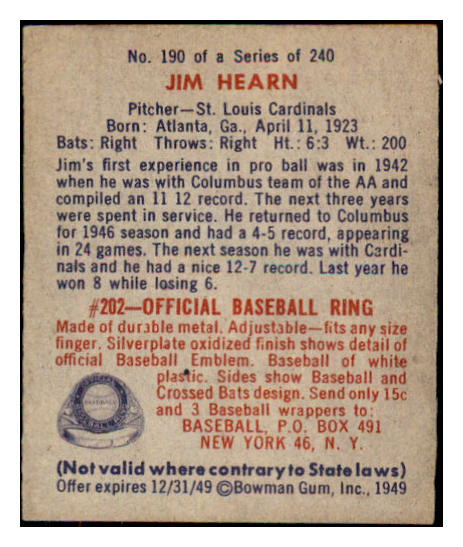 1949 Bowman Baseball #190 Jim Hearn Cardinals EX-MT 487640