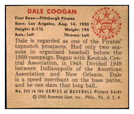 1950 Bowman Baseball #244 Dale Coogan Pirates EX-MT 487745
