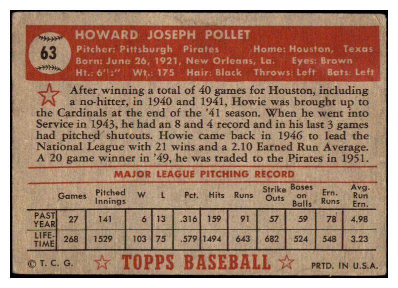 1952 Topps Baseball #063 Howie Pollet Pirates Good Red 488009