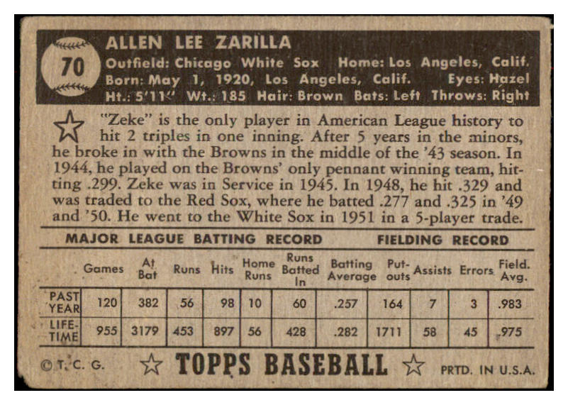 1952 Topps Baseball #070 Al Zarilla White Sox Good Black 488024