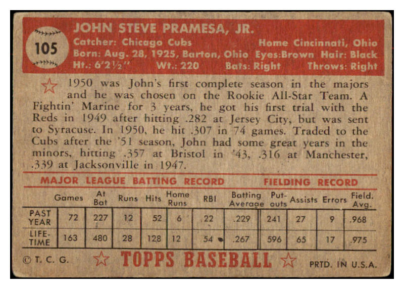1952 Topps Baseball #105 John Pramesa Cubs VG 488110