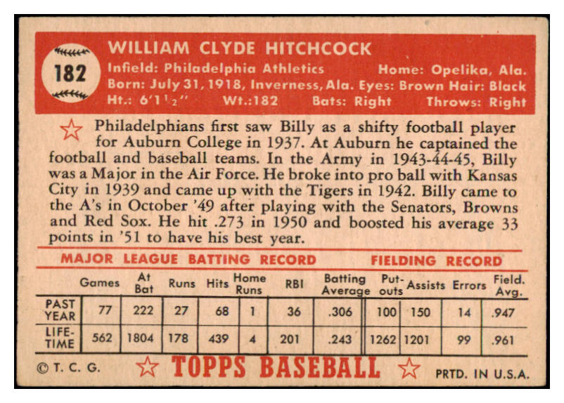 1952 Topps Baseball #182 Billy Hitchcock A's EX 488285