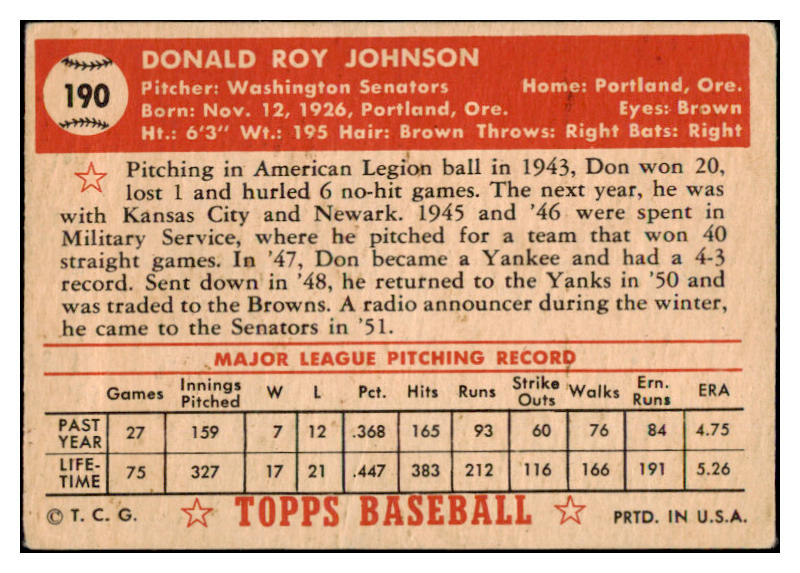 1952 Topps Baseball #190 Don Johnson Senators VG 488307