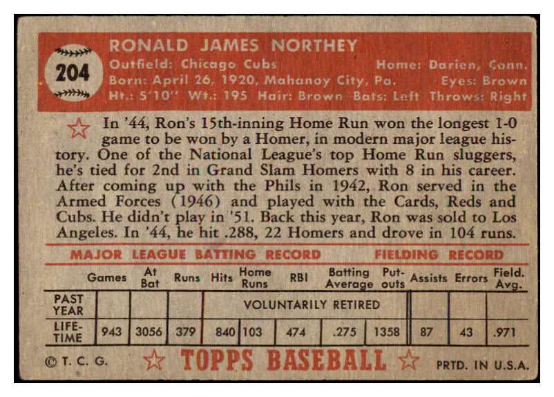 1952 Topps Baseball #204 Ron Northey Cubs VG 488340