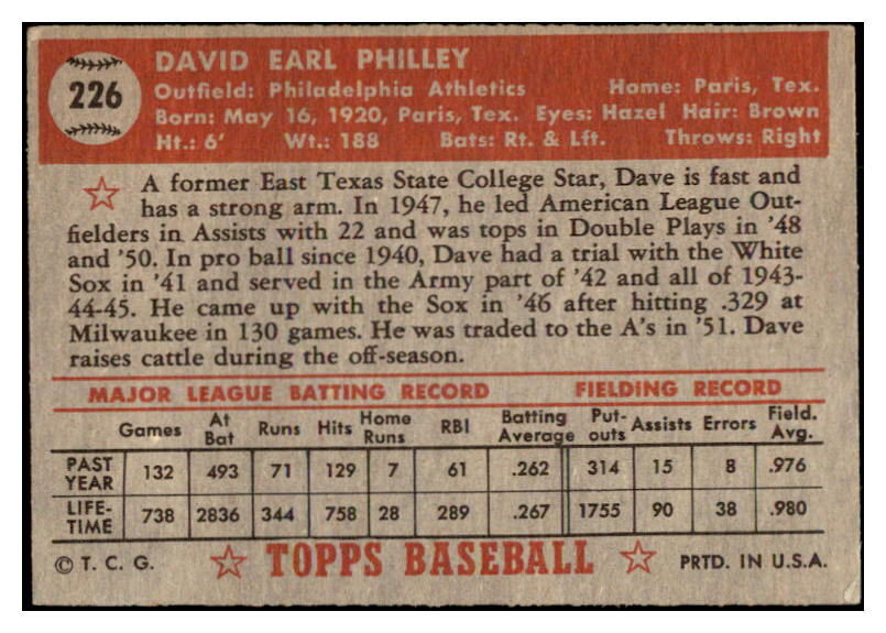 1952 Topps Baseball #226 Dave Philley A's VG-EX 488389