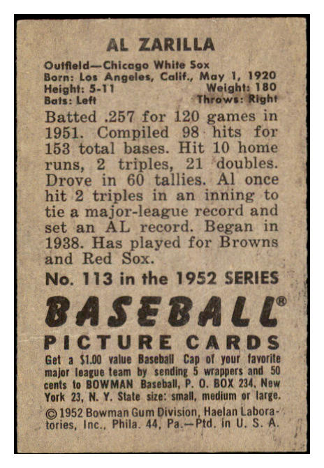 1952 Bowman Baseball #113 Al Zarilla White Sox EX-MT 488557