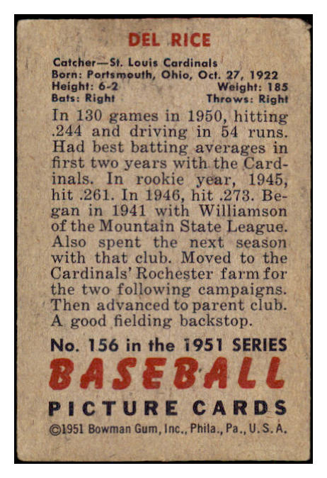 1951 Bowman Baseball #156 Del Rice Cardinals VG 488925