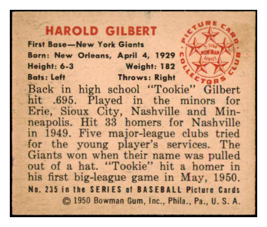 1950 Bowman Baseball #235 Harold Gilbert Giants EX-MT Copyright 489076