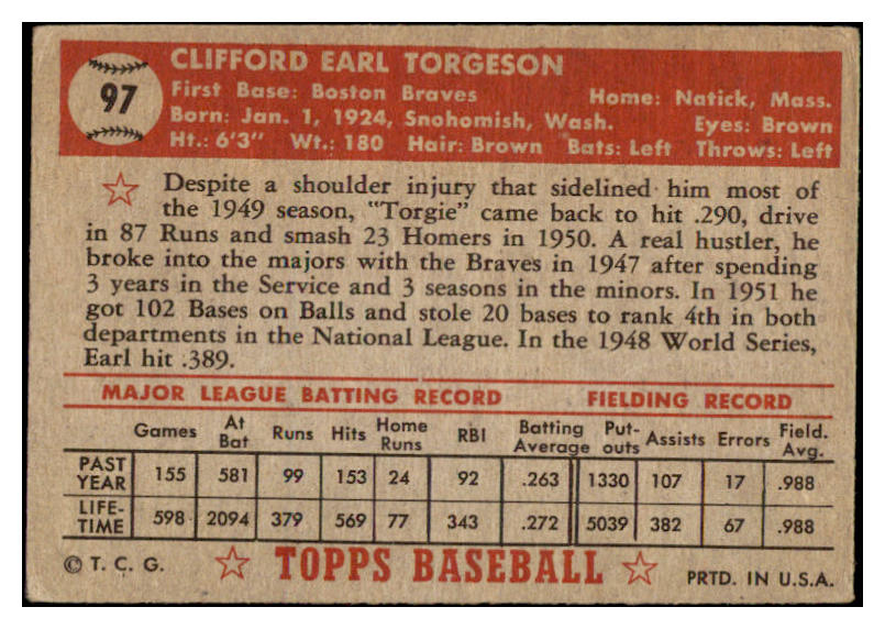 1952 Topps Baseball #097 Earl Torgeson Braves GD-VG 489343