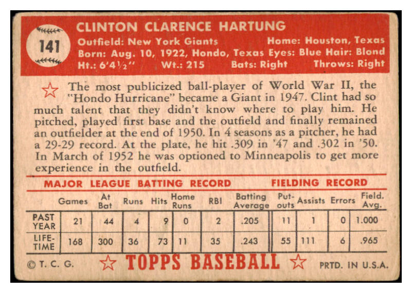 1952 Topps Baseball #141 Clint Hartung Giants GD-VG 489384