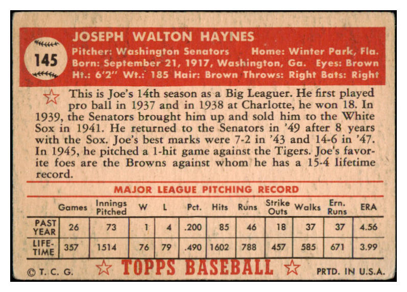 1952 Topps Baseball #145 Joe Haynes Senators Good 489390