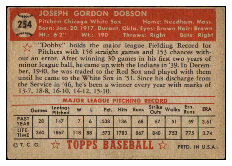 1952 Topps Baseball #254 Joe Dobson White Sox GD-VG 489485
