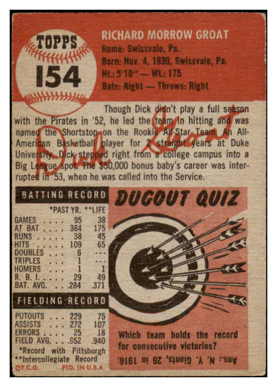 1953 Topps Baseball #154 Dick Groat Pirates VG-EX 489751