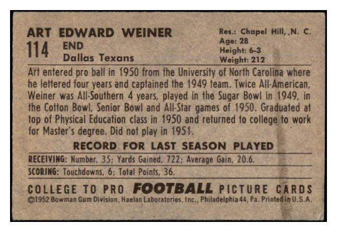 1952 Bowman Small Football #114 Art Weiner Texans EX+ 489823