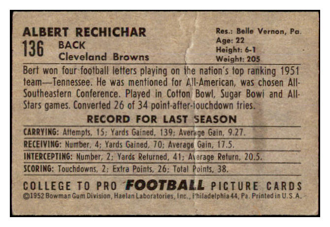 1952 Bowman Small Football #136 Al Rechichar Browns Good 489828