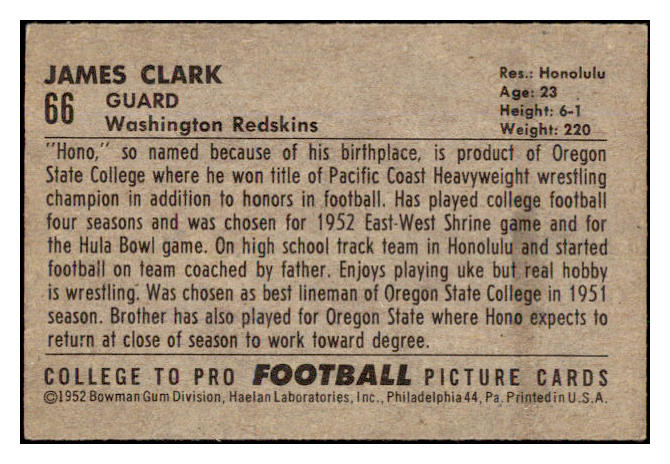 1952 Bowman Small Football #066 Jim Clark Washington EX+ 489831