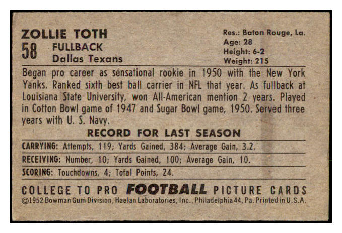 1952 Bowman Small Football #058 Zollie Toth Texans EX-MT 489860
