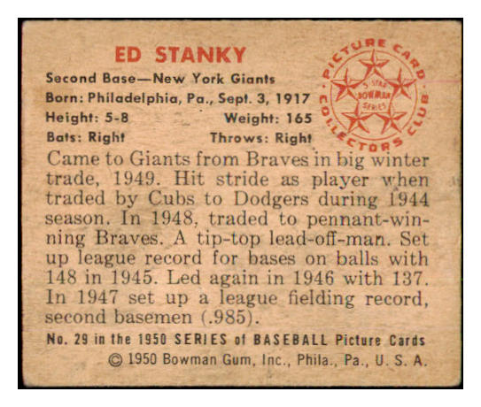 1950 Bowman Baseball #029 Eddie Stanky Giants EX 490295
