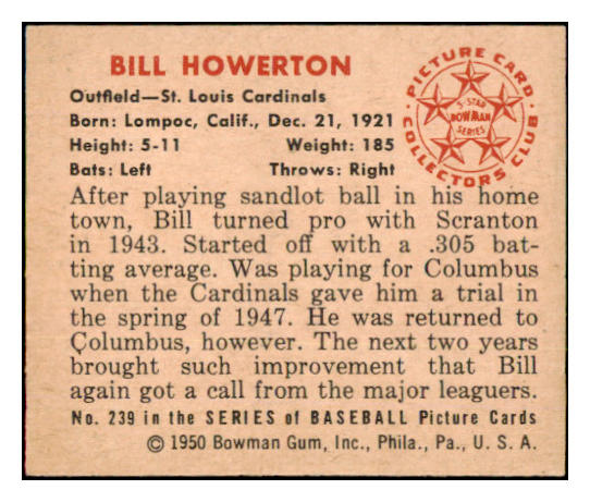 1950 Bowman Baseball #239 Bill Howerton Cardinals EX-MT Copyright 490362