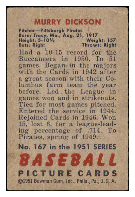 1951 Bowman Baseball #167 Murry Dickson Pirates VG 490418