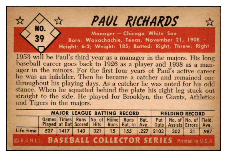 1953 Bowman Color Baseball #039 Paul Richards White Sox VG-EX 490931