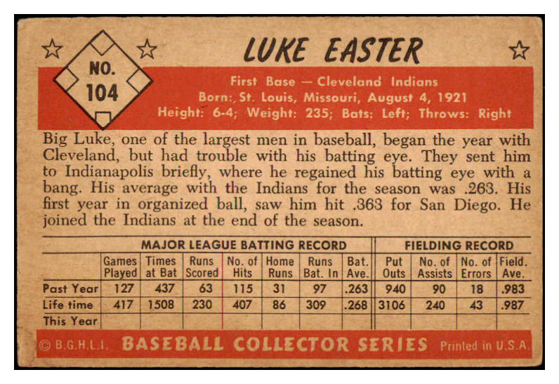 1953 Bowman Color Baseball #104 Luke Easter Indians VG-EX 490947