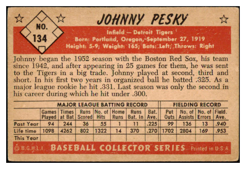 1953 Bowman Color Baseball #134 Johnny Pesky Tigers VG-EX 490950