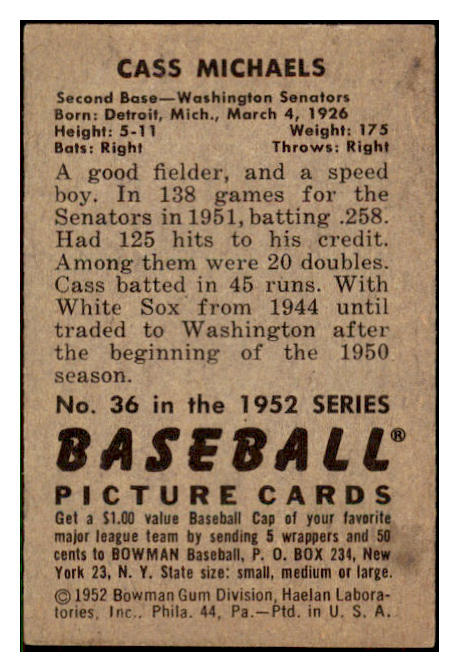 1952 Bowman Baseball #036 Cass Michaels Senators EX-MT 491024