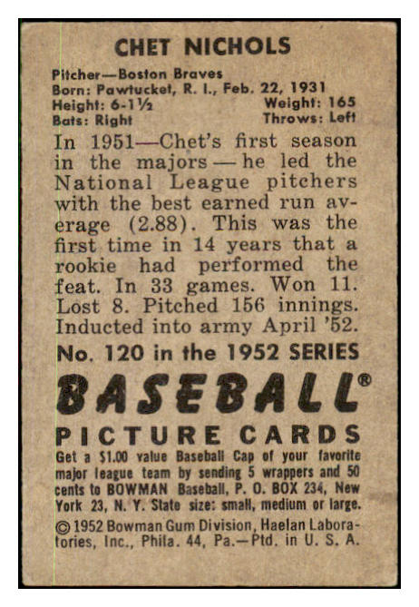 1952 Bowman Baseball #120 Chet Nichols Braves EX 491101